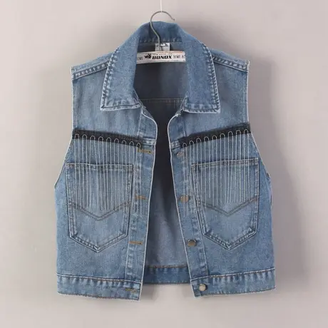 牛仔马甲女短款背心宽松春秋新款大码无袖外套显瘦外搭链条流苏潮商品大图