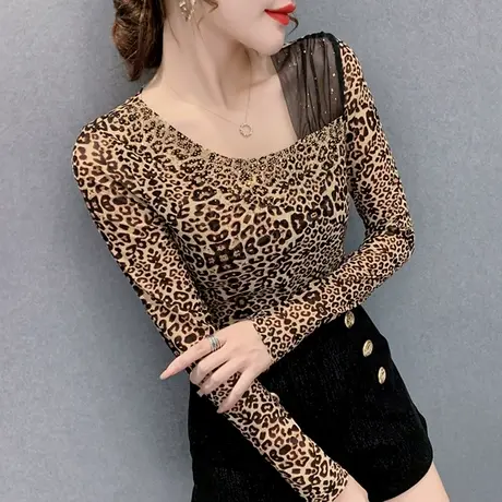2023春秋新款性感豹纹T恤女网纱拼接上衣紧身内搭打底衫女长袖潮商品大图
