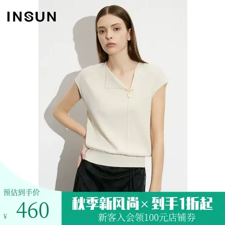 [凉感冰丝]恩裳COVER2023夏季新款优雅四平花型落肩不对称针织衫商品大图