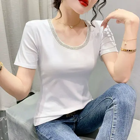 女装2023新款潮重工烫钻短袖T恤网红设计感小众上衣圆领修身小衫商品大图