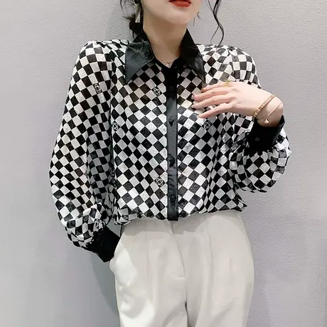 欧货黑白格衬衫女长袖2023秋冬新款气质雪纺上衣女时尚休闲POLO衫图片
