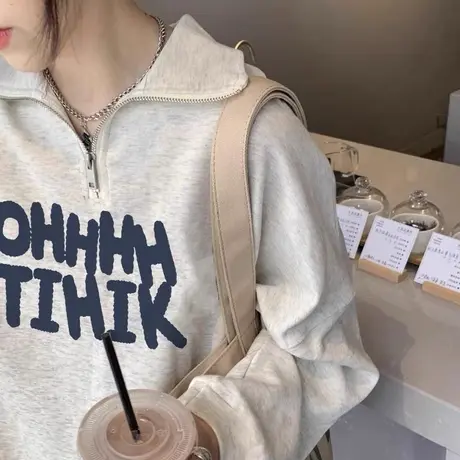 纯棉polo领卫衣女2023新款爆款宽松oversize半拉链设计感小众外套商品大图