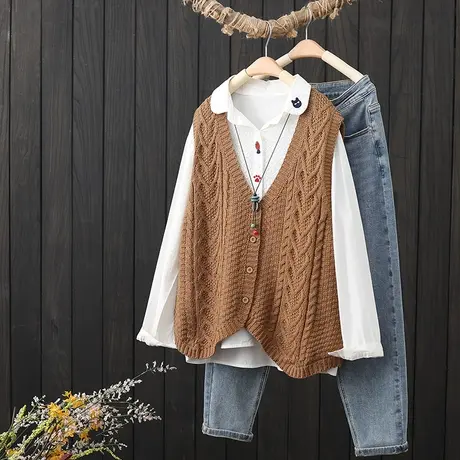 复古V领棉线马甲针织背心女春季2023年新品宽松休闲外搭叠穿坎肩商品大图