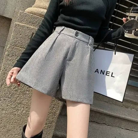 超火人字纹毛呢短裤2023秋冬新款简约时尚高腰显瘦a字阔腿靴裤子图片