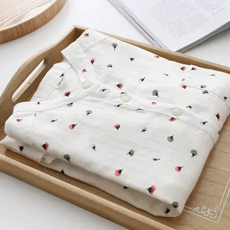 早秋文艺小清新双层棉纱上衣女彩色小花印花秀气款田园风长袖衬衫商品大图