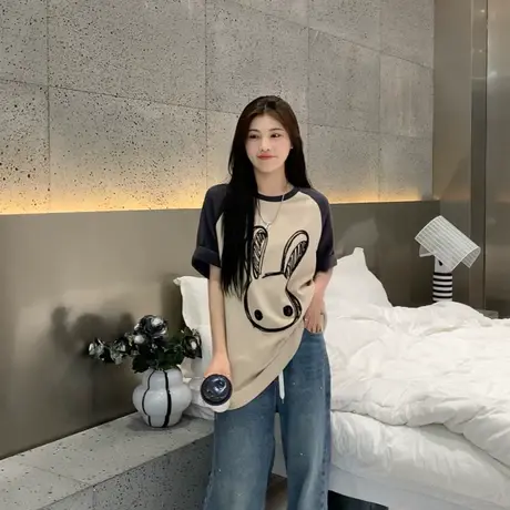 美式卡通兔子刺绣短袖t恤女宽松2023夏季中长款纯棉百搭拼色上衣图片