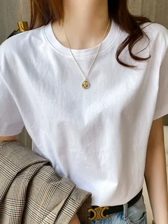 仿棉短袖t恤女装2023新款小众设计感复古港味chic正肩显瘦上衣服图片