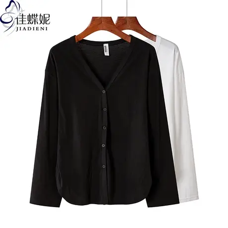 秋季新款韩版V领纯白宽松大码休闲纯色开衫长袖体恤上衣女装图片