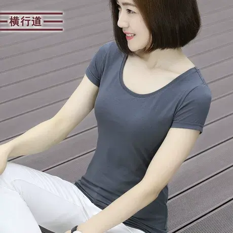 2023夏装休闲简约妈妈打底衫短袖t恤女装大码圆领纯色半袖上衣服商品大图