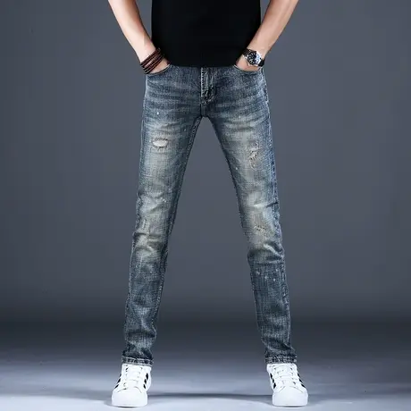 大牛水洗高端潮牌牛仔裤男修身小脚裤子男士春秋2023新款破洞男款商品大图
