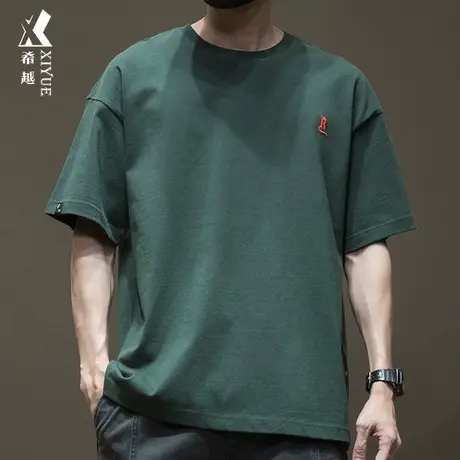 希越美式复古重磅绿色短袖T恤男夏季宽松大码男装加肥加大体恤衫商品大图