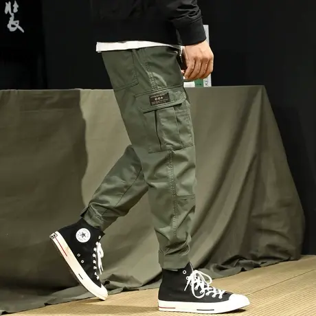 秋季潮牌工装裤男束脚新款男士裤子魔术贴宽松直筒休闲男裤春秋款图片