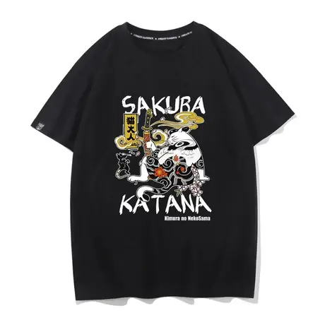 秀洛日系日本原宿猫图夏季男士t恤短袖宽松半袖纯棉潮流潮牌体恤商品大图