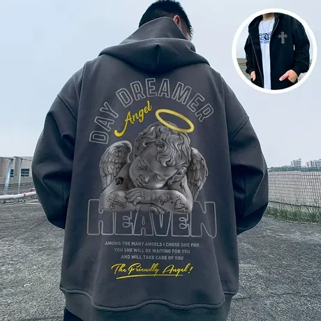 oversize春秋款宽松大码男装连帽加绒拉链开衫胖子港风卫衣男潮流商品大图