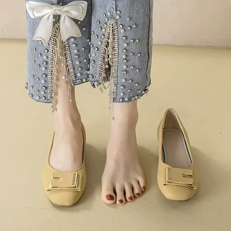 单鞋女粗跟2023新款春秋百搭浅口女鞋子软底软皮豆豆鞋中年妈妈鞋商品大图