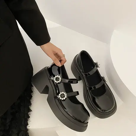 黑色高跟鞋女夏季2023新款粗跟防滑配裙子小皮鞋时尚气质玛丽珍鞋商品大图