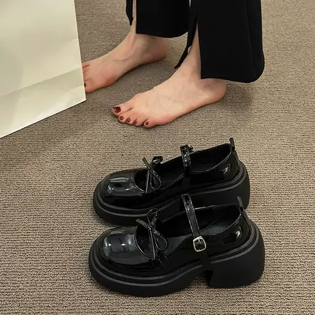 复古小皮鞋女2023年春夏季新款蝴蝶结黑色气质玛丽珍高跟粗跟鞋子商品大图