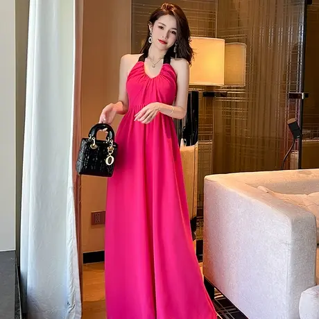 别致高级感拖地长款连体裤夏季女时尚洋气性感露背挂脖吊带连衣裤商品大图