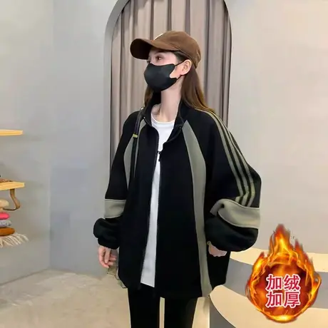 春秋款胖mm大码韩系开衫卫衣加绒加厚洋气休闲棒球服外套女200斤商品大图