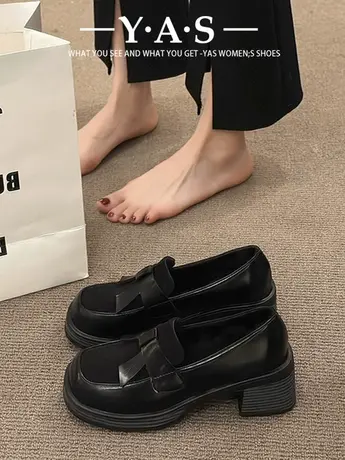 小皮鞋女春2024新款英伦风粗跟时尚单鞋小个子增高一脚蹬乐福鞋商品大图