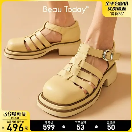 BeauToday粗跟罗马凉鞋BT复古玛丽珍女鞋夏季方头单鞋真皮小皮鞋图片