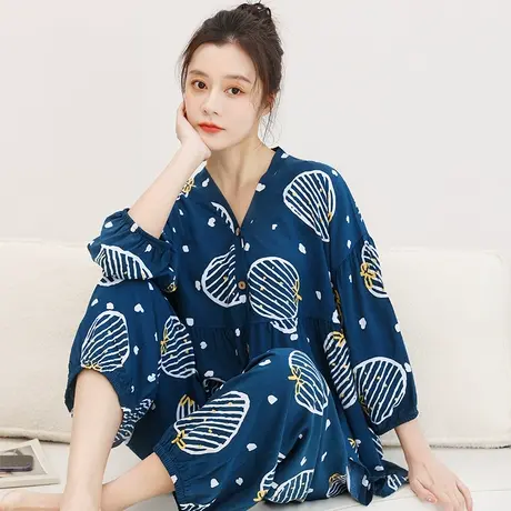 棉绸睡衣女春秋款妈妈长袖人造棉家居服夏季薄款大码绵绸开衫套装图片