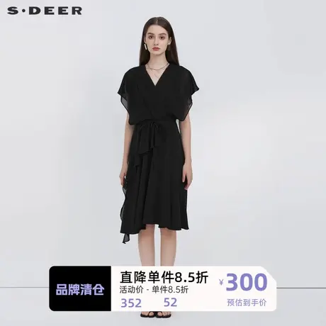 sdeer圣迪奥女装V领压褶收腰垂坠无袖连衣裙S223Z12N9图片