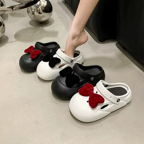 可爱甜美蝴蝶结洞洞鞋女夏季新款外穿休闲百搭厚底防滑软底凉拖鞋商品大图