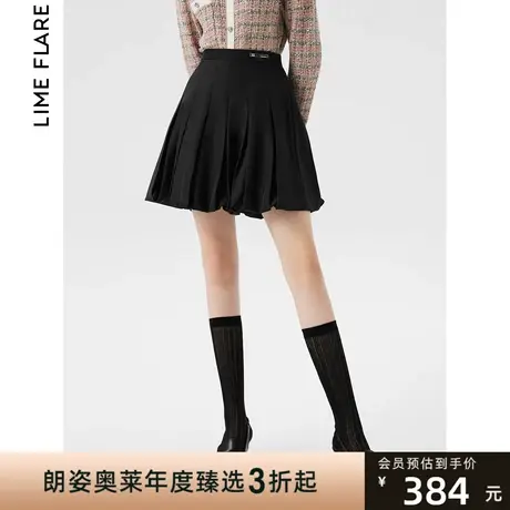 朗姿莱茵2023气质高腰百褶裙夏季新款半身裙黑色短款设计感A字裙图片