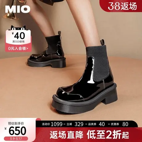 MIO米奥年冬季方头中跟显高厚底切尔西靴时尚复古弹力拼接靴商品大图