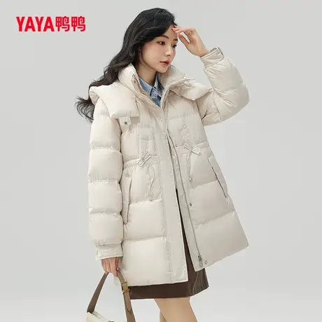 鸭鸭羽绒服女中长款2023年秋季新款连帽休闲时尚纯色保暖外套C图片