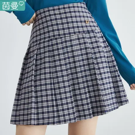 茵曼旗舰店百搭女2023春季新款格子百褶学院风复古格a字半身裙图片