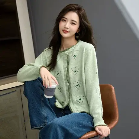 时尚气质毛衣开衫2023年秋季新款淑女温柔圆领显瘦通勤百搭上衣商品大图