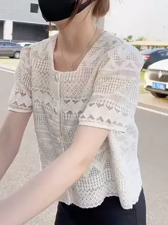 泡泡袖方领衬衫短袖女夏2023新款设计感韩版重工镂空小衫减龄上衣商品大图