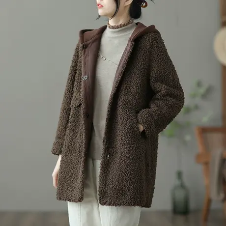dza 文艺复古加厚连帽中长款羊羔绒外套女士休闲冬季新款加绒上衣图片