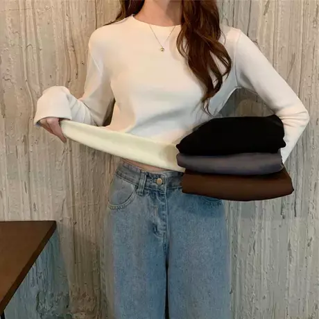 400克重磅加绒加厚打底衫秋冬季洋气长袖内搭卫衣保暖上衣德绒t恤商品大图