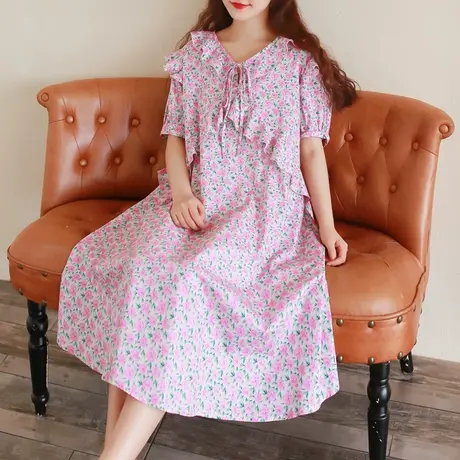 胖妹妹夏季2023新品法式荷叶边领短袖连衣裙大码微胖棉质复古裙子商品大图