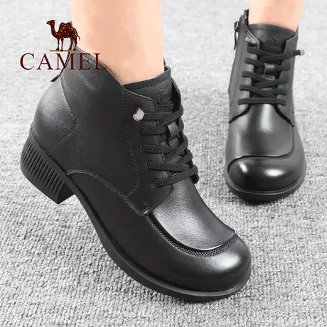 Camel/骆驼女鞋冬季款真头层牛皮加绒粗跟侧拉链短舒适休闲女靴子图片