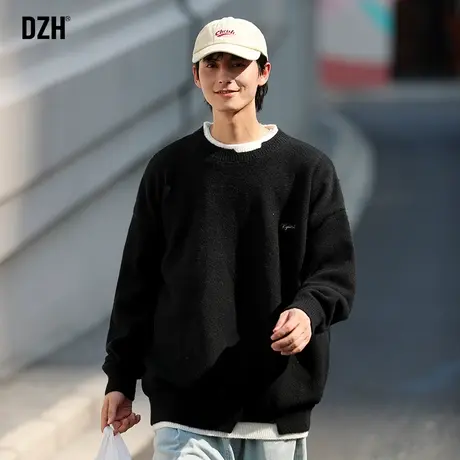 男士黑色假两件毛衣男纯色宽松圆领冬季保暖上衣休闲长袖针织外套商品大图