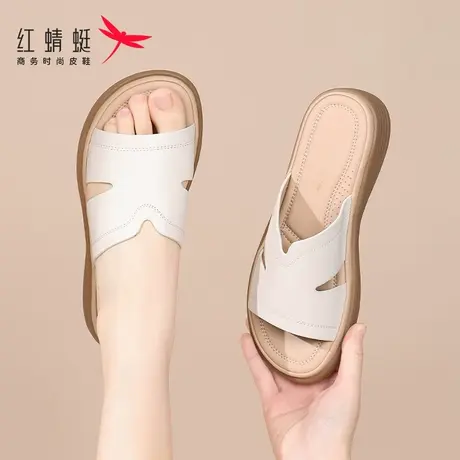 红蜻蜓女士一字拖沙滩凉拖鞋女夏外穿2025新款法式小凉拖真皮时尚图片