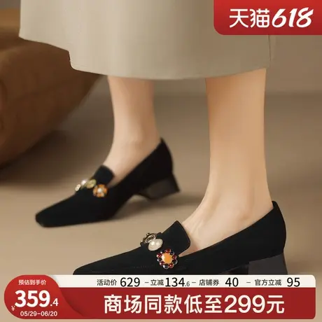 星期六复古风2025年新款拼色水钻懒人深口粗跟乐福鞋单鞋女平底鞋商品大图