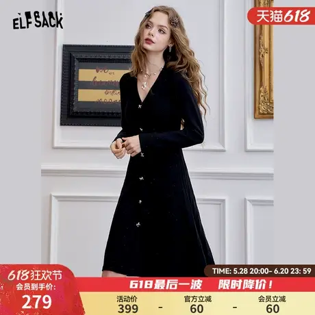 妖精的口袋细闪v领针织连衣裙女2025年春新款小黑裙修身气质裙子图片