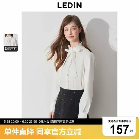 乐町千金少女花边立领衬衫2025年春季新款系带蝴蝶结压褶设计上衣商品大图