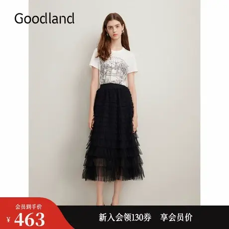 Goodland美地夏季法式优雅花房印花T恤短袖烫钻上衣商品大图