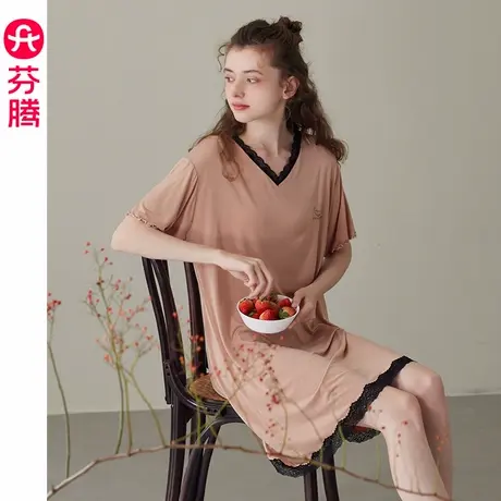 芬腾睡裙女夏季纯棉短袖V领睡衣裙休闲夏天薄款宽松家居服连衣裙图片
