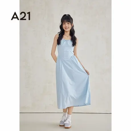 A21女装浅蓝色背心连衣裙子夏季纯色高级感气质时尚收腰长裙图片