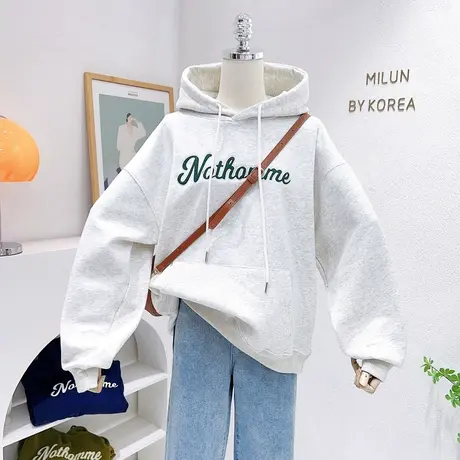 ins复古韩系慵懒风字母加绒上衣秋冬款连帽加厚灰色卫衣宽松休闲图片