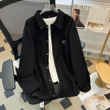 衬衫男秋季黑色痞帅重磅灯芯绒翻领上衣简约纯色衬衣薄外套上衣服图片