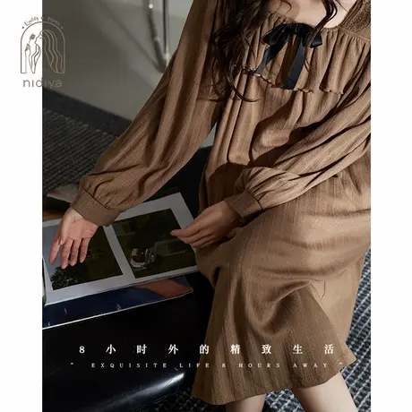 妮狄娅睡衣睡裙女秋季纯棉长袖方领法式宫廷风中长裙春秋季家居服商品大图