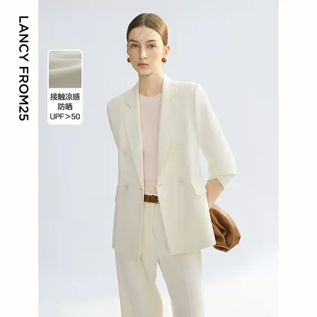 朗姿2025夏季新款通勤风六分袖白色西装外套女商务休闲中长款西服图片